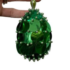 Vintage Sequin Push Pin Egg Shape Ornament Green Easter Small Handmade Christmas